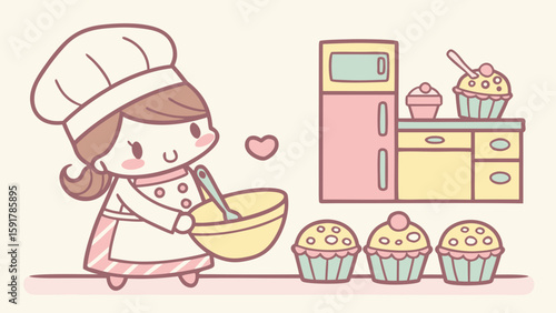 Vector art of a cartoon chef is baking cupcakes in a kitchen setting