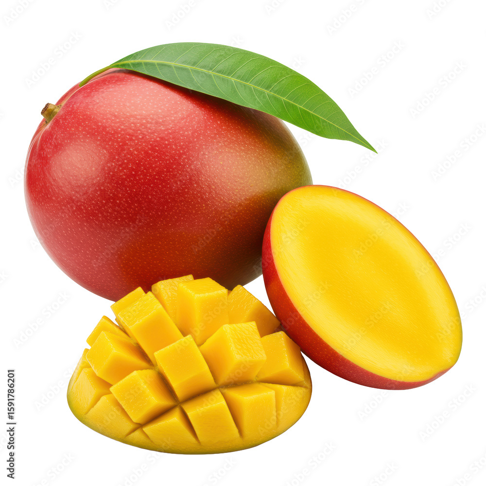 A whole vibrant red and yellow mango with a green leaf and a perfectly halved mango with cross-hatched yellow cubes, isolated on a transparent background with copy space, studio lit with no A whole vibrant red and yellow mango with a green leaf and a perfectly halved mango with cross-hatched yellow cubes, isolated on a transparent background with copy space, studio lit with no