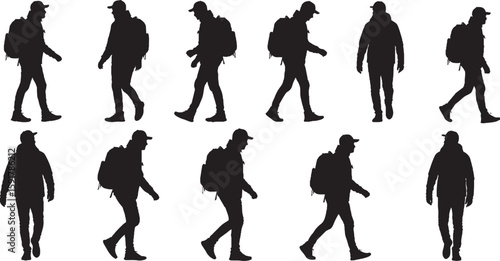 Wallpaper Mural "Walking Cycle Silhouettes with Backpack & Cap | Black and White Human Motion Vector Set" Torontodigital.ca