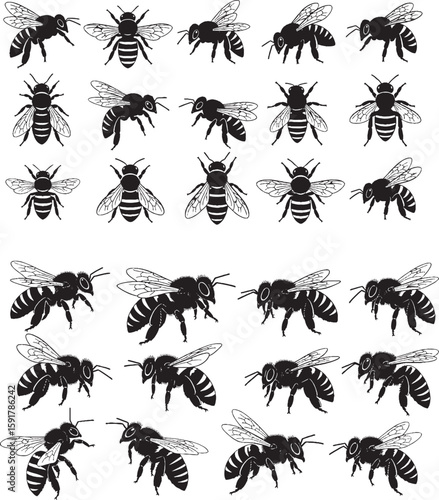 Wallpaper Mural "Set of 24 Bee Silhouettes in Varied Poses | Black and White Insect Vector Icons" Torontodigital.ca