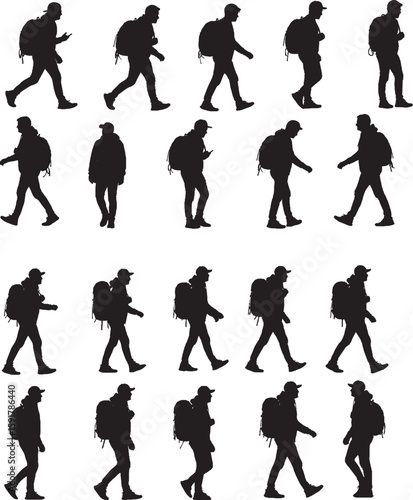 Wallpaper Mural "Set of 20 Walking Silhouettes with Backpack & Hat | Black and White Motion Cycle Vector Art" Torontodigital.ca
