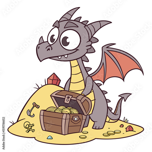 Vector art of a cute cartoon dragon is guarding a treasure chest full of gold