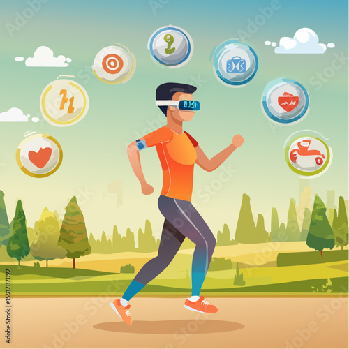 Man in VR headset jogging outdoors, fitness app interface, health data displayed.