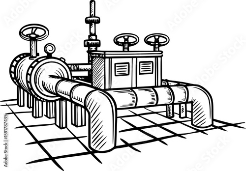 Industrial gas pipeline system with metal valves and pressure control unit hand drawn engineering infrastructure illustration