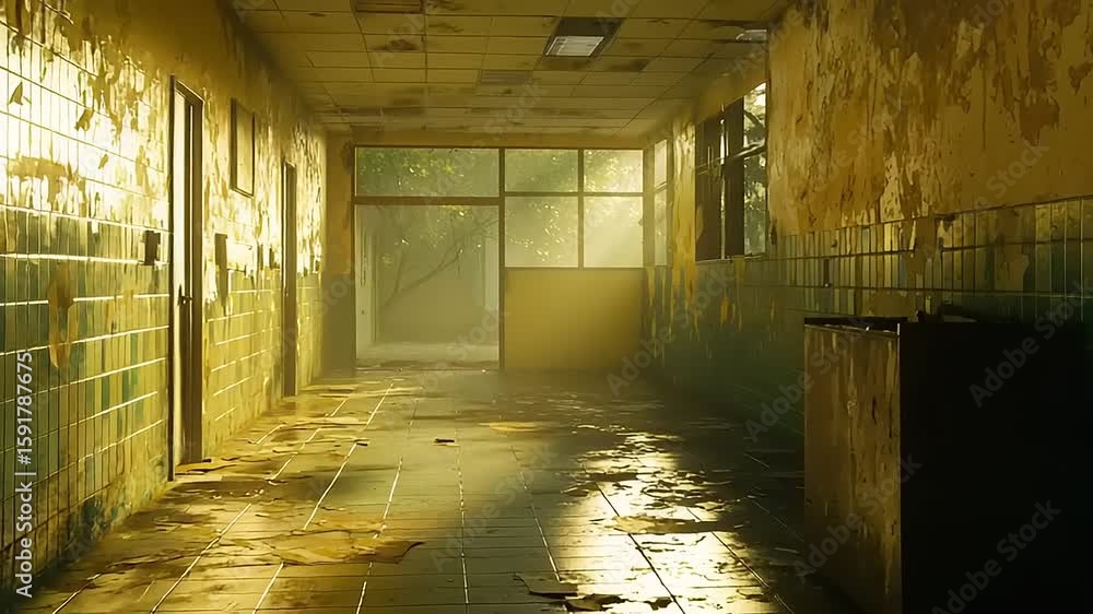 Sunlit corridor in a derelict building Sunlit corridor in a derelict building