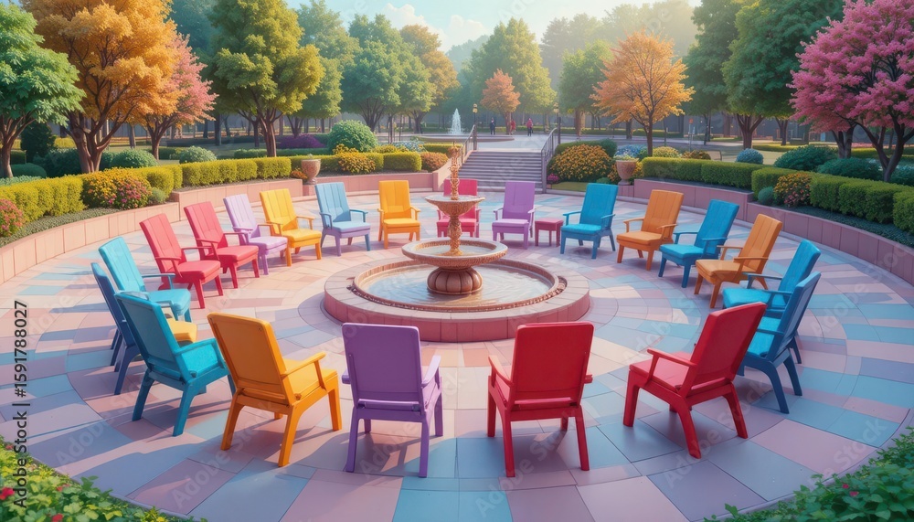 Vibrant Vectors Empty Seats in a Retro Park with a Pixelated Fountain Vibrant Vectors Empty Seats in a Retro Park with a Pixelated Fountain