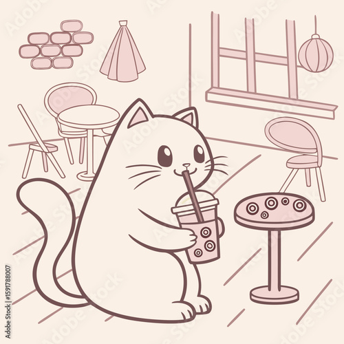 Vector art of a cute cat enjoys a boba tea in a cozy cafe