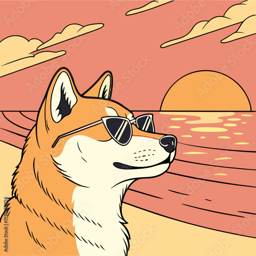 Vector art of a cool shiba inu enjoys the sunset at the beach