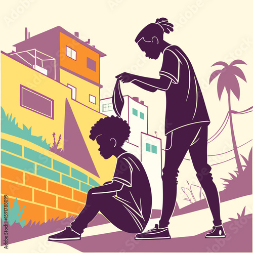 Vector art of a young man cuts another young mans hair in the favelas of brazil