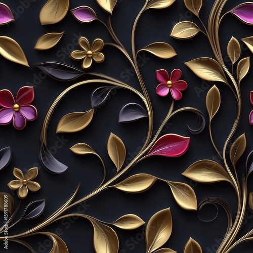 Seamless 3D floral pattern with metallic golden vines and leaves, accented by magenta and purple blossoms on a dark background, elegant and luxurious