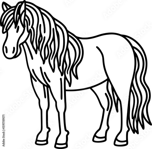 Standing horse illustration with long mane and tail black and white outline drawing of equine animal