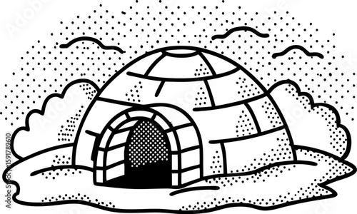 Traditional igloo in snowy landscape with abstract clouds and dotted sky, monochrome arctic shelter illustration