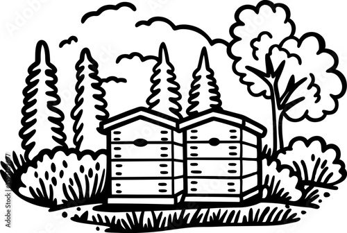 Beekeeping hive boxes in natural forest landscape apiary illustration with trees, bushes, and outdoor environment