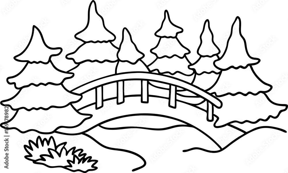 Fototapeta premium Curved wooden bridge over stream in forest, with pine trees and bushes scenic natural landscape outline drawing