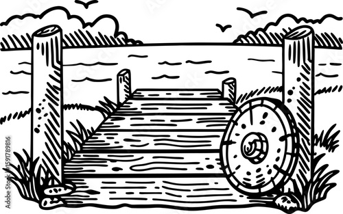 Wooden pier by the lake with shield hand drawn dock scene, water landscape, rustic nature, outdoor adventure illustration
