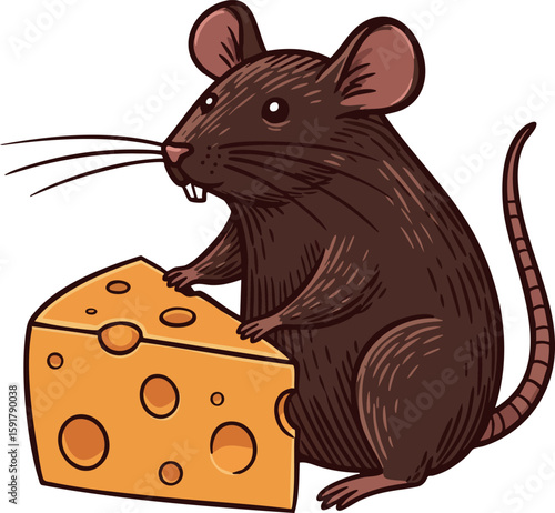 Brown mouse holding piece of cheese vector illustration in natural style