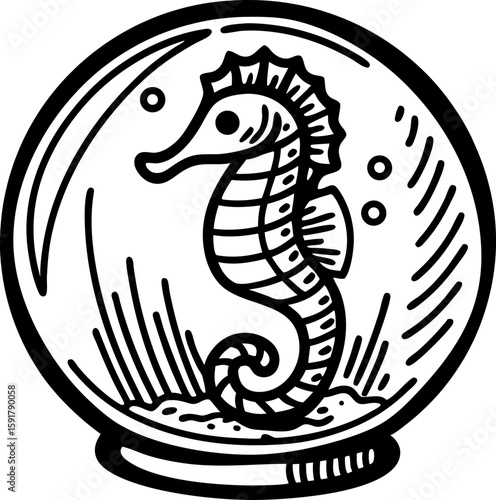 Seahorse illustration in round fishbowl hand drawn black and white aquatic animal, underwater marine pet design