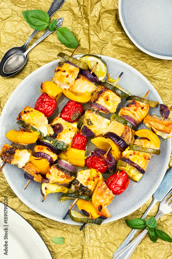 Seasoned salmon skewers. Seasoned salmon skewers.
