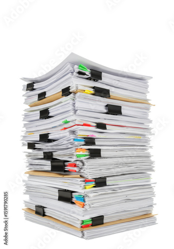 A towering, precariously balanced, disorganized stack of creased white paper documents, formal files, and manila folders with black binder clips and colored tab dividers against a transparent studio