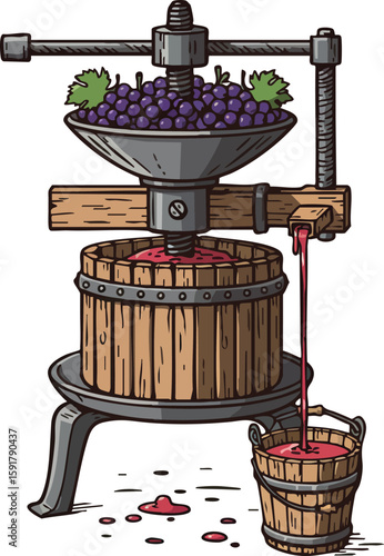 Traditional wooden grape press extracting juice for winemaking process vector illustration