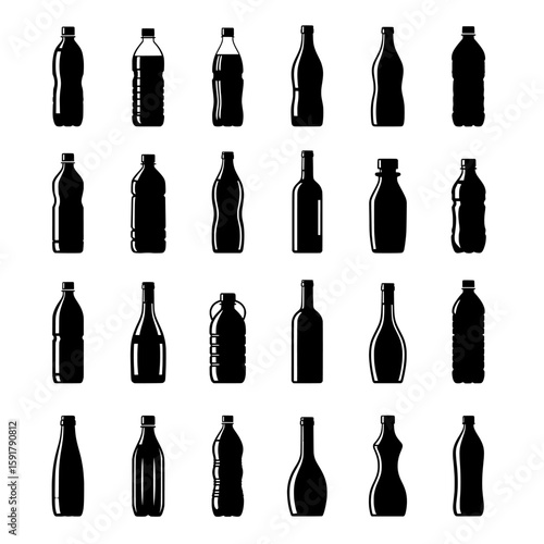 set of bottles collection of black and white bottle silhouettes on a white background