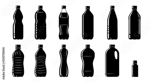 set of bottles collection of various shaped plastic bottles in black and white image