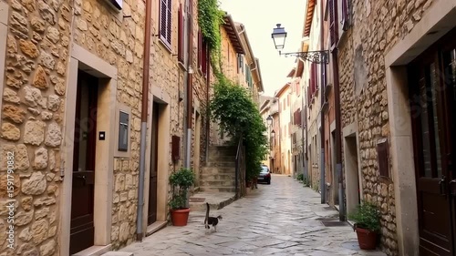 Charming Alley Cat Stroll: European Stone Street Scene