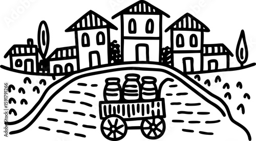 Hand drawn rural village with houses and milk cart on a country road, agricultural countryside landscape illustration