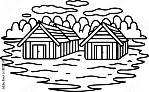 Wooden houses flooded by rising water natural disaster, environmental emergency, climate change impact, storm damage