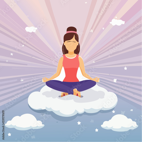 A woman meditating in lotus position on a cloud, surrounded by a radiant, starry sky.