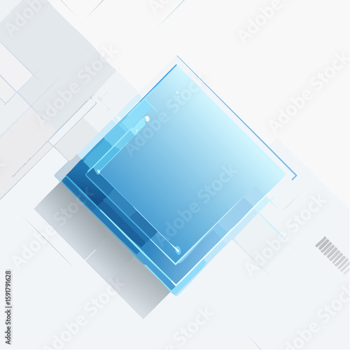 Abstract translucent blue squares layered on a white technological background.