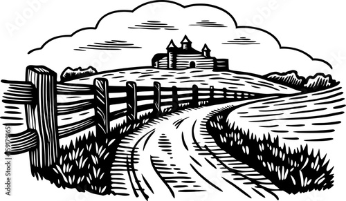 Curving country road leads to rustic hilltop farmhouse with wooden fence and fields under cloudy sky, rural landscape