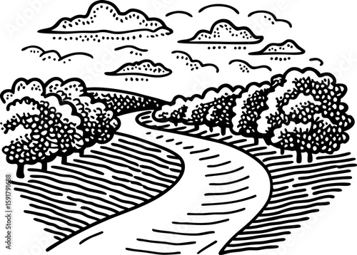Curved country road winding through fields and trees rural landscape with bushes, clouds, and open countryside scene
