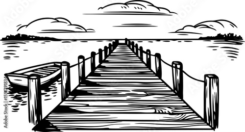 Wooden pier extending over calm lake with moored boat and cloudy sky, tranquil nature landscape illustration
