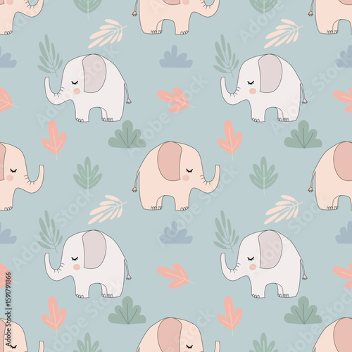 Cute elephants with plants, colorful pattern