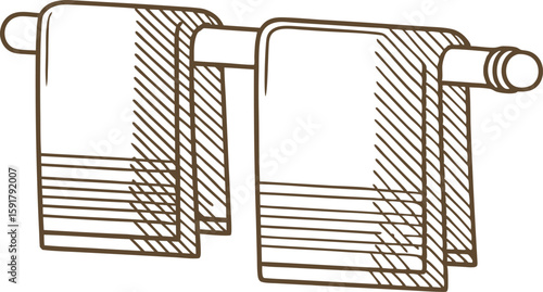 Two hand towels hanging on bathroom rack minimalist linear drawing, household textile hygiene concept