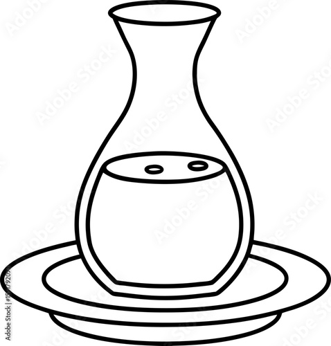 Outline illustration of a glass decanter with liquid on a round plate simple minimalist tableware, kitchen utensil icon