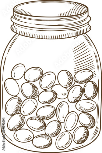 Glass jar filled with assorted beans hand drawn container, preserved legumes, healthy plant based food storage