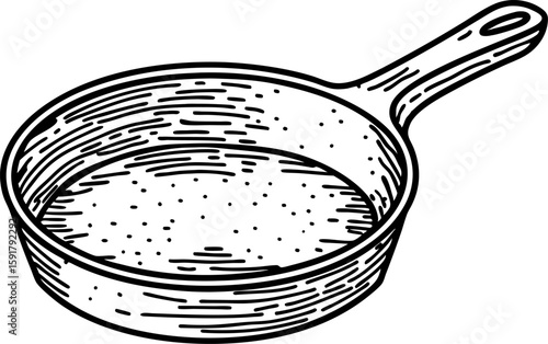 Cast iron skillet illustration vintage frying pan with handle, hand drawn engraving kitchen utensil art