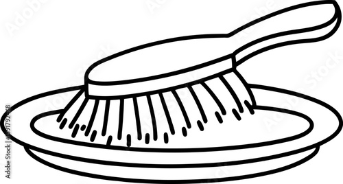 Cleaning brush on soap dish household hygiene tool with handle and bristles for washing, bathroom or kitchen use