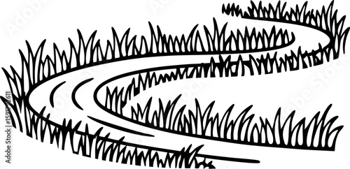 Curving path winding through tall grass simple black and white illustration, nature trail concept, summer landscape
