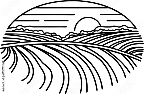 Sunrise over farmland minimalist landscape illustration with fields, hills and sun modern agriculture concept