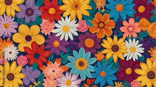 Wallpaper Mural Illustration of colorful flowers arranged in a neat row, featuring vibrant blooms in blue, yellow, pink, purple, and red. Each flower Torontodigital.ca