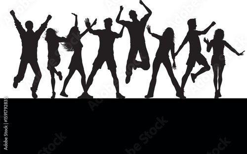 Vector Silhouette of Happy Young People Dancing and Cheering at Party, Musical Concert Crowd Celebrating Together