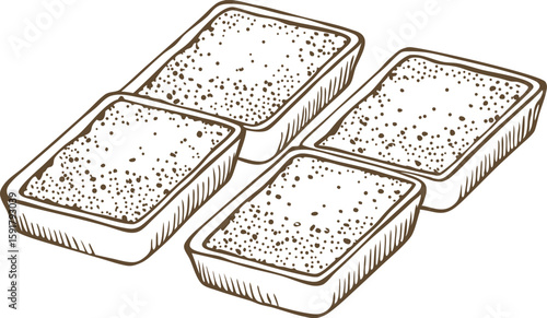 Tofu squares hand drawn illustration four pieces, traditional vegetarian food, plant based protein, healthy cuisine