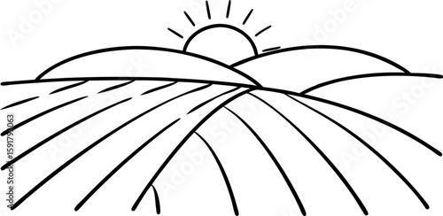 Sunrise over rolling hills with field lines, agricultural landscape, morning farmland scenery illustration