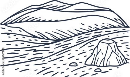 Rolling hills landscape with large rock minimalist mountain terrain illustration, nature sketch line art