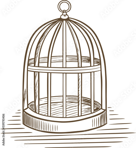 Empty birdcage illustration open metal cage, freedom concept hand drawn vintage sketch, isolated on white background