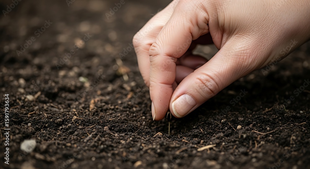Close-up of a hand carefully planting a seed in fertile soil, symbolizing growth and new Close-up of a hand carefully planting a seed in fertile soil, symbolizing growth and new