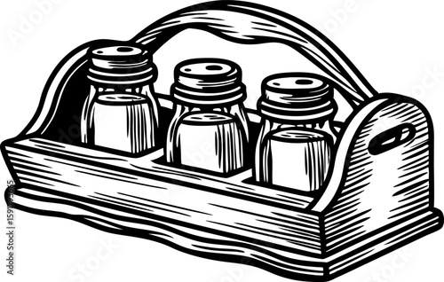Wooden caddy holding three spice jars vintage kitchen condiment organizer, hand drawn illustration